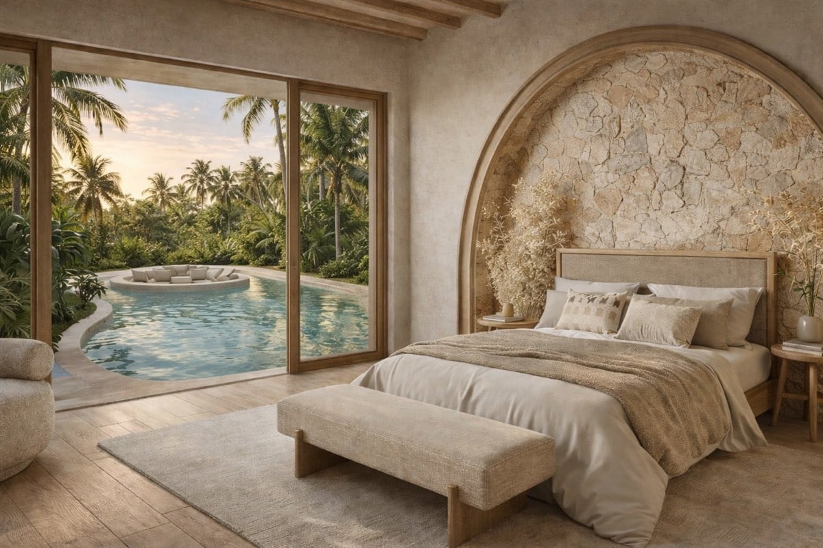 Dormitorio de una villa de Marlaca con vista a la piscina