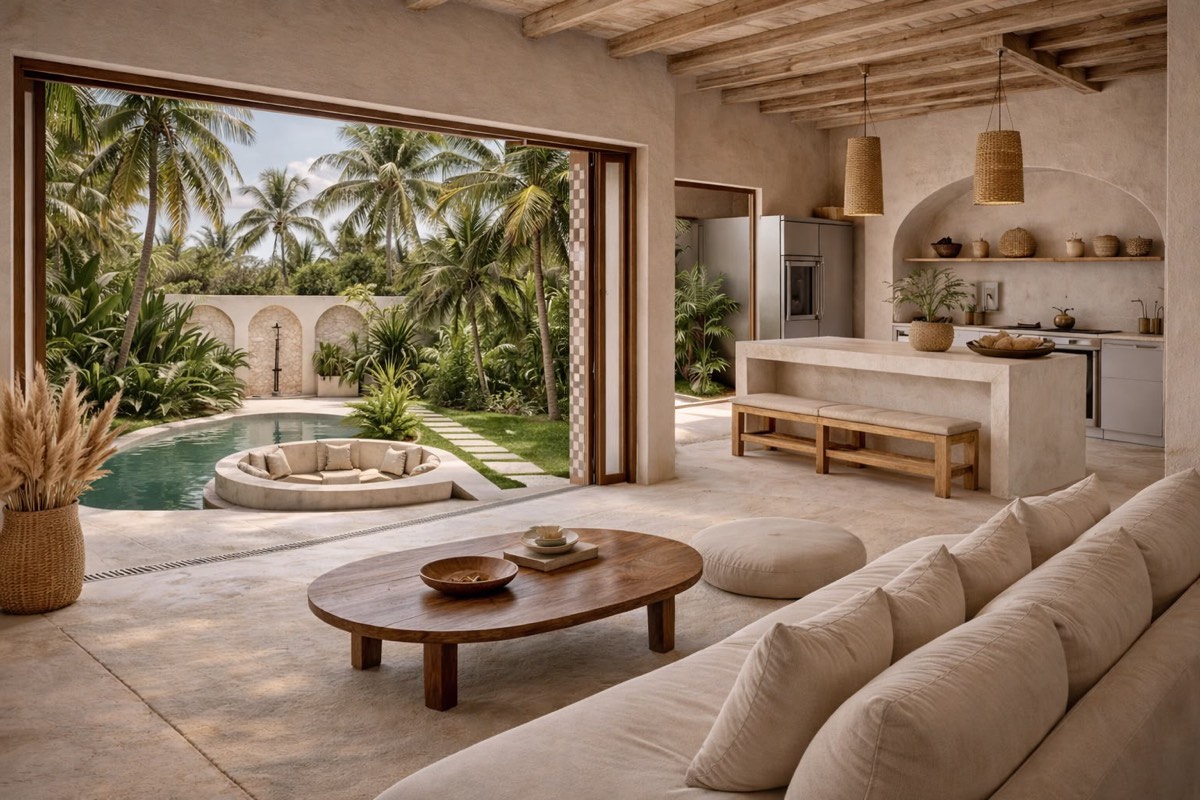 Salón de una villa completa de Marlaca abierto a la piscina