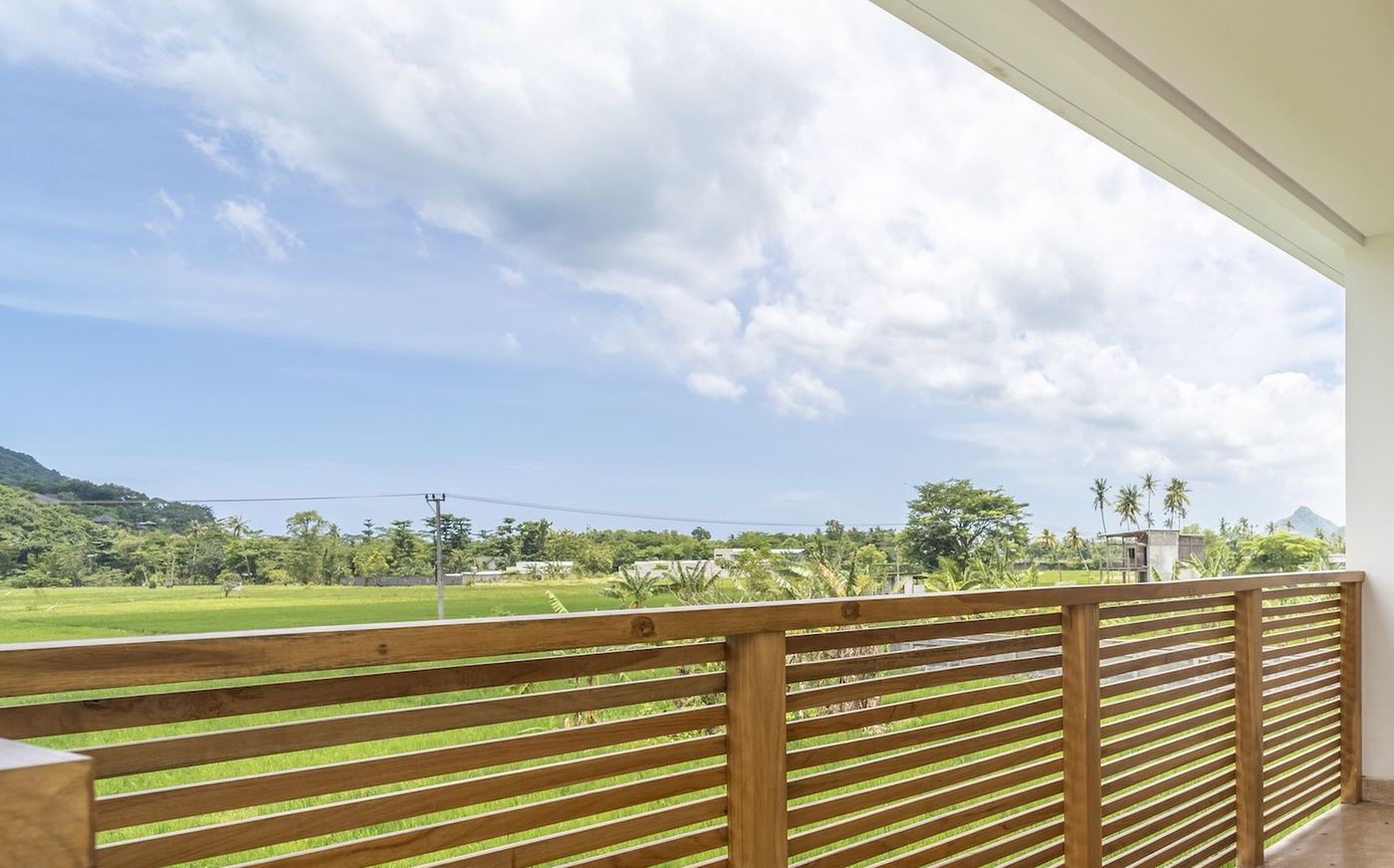 Arrozales, palmeras y cerros de Lombok vistos desde una villa de Marlaca